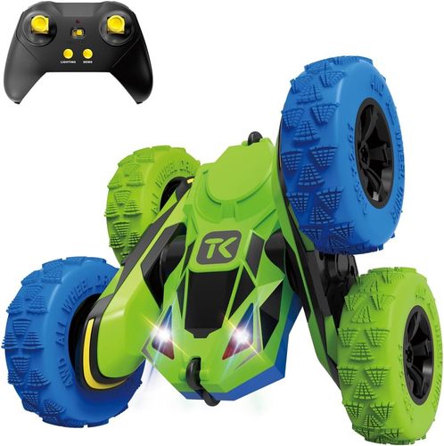 Threeking RC Stunt Cars Remote Control Car with Lights Presents for Kids Ages 6+, Green+Blue